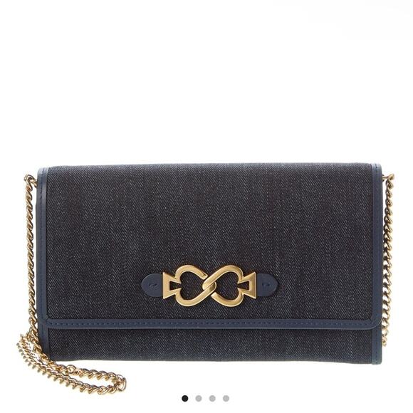 NWT Kate spade toujours chain leather clutch in blue denim and gold hardware - Picture 1 of 9